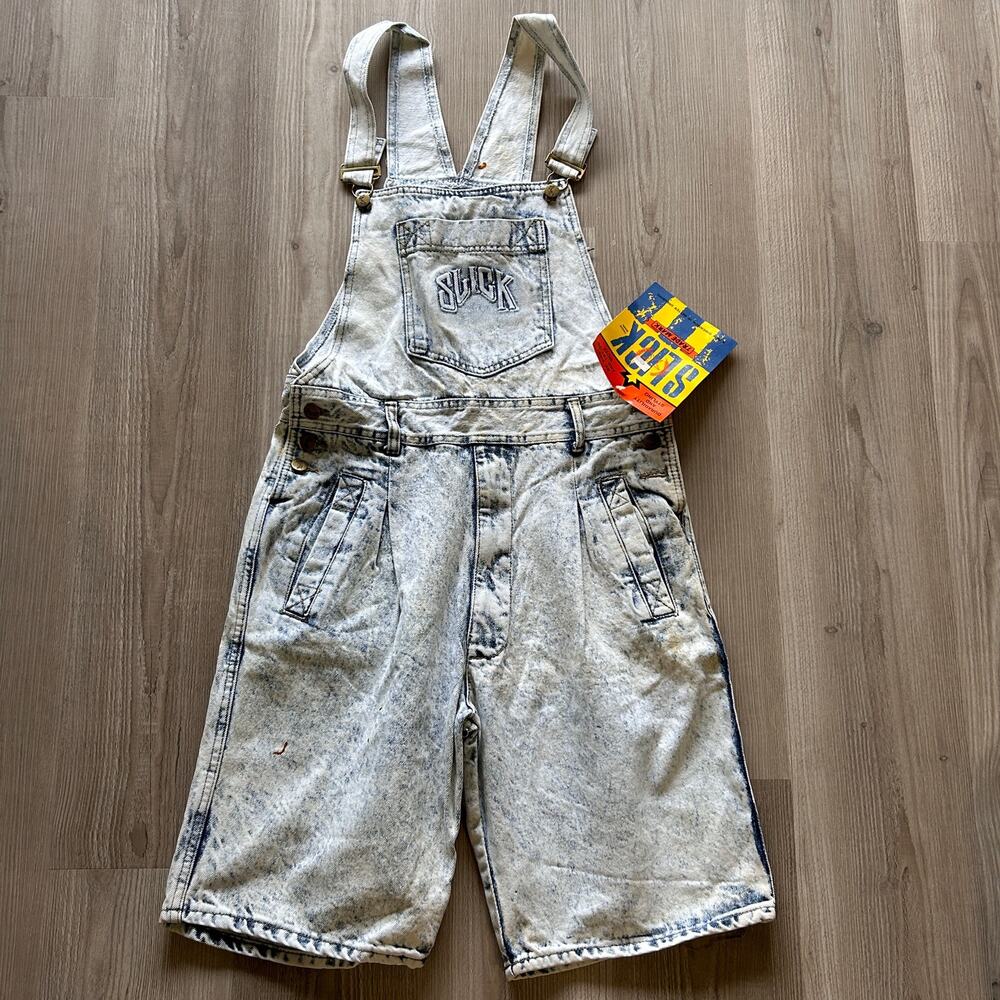 NWT Vintage 90's Slick Acid Wash Denim Blue Jean Grunge Skate Overalls Shorts M
